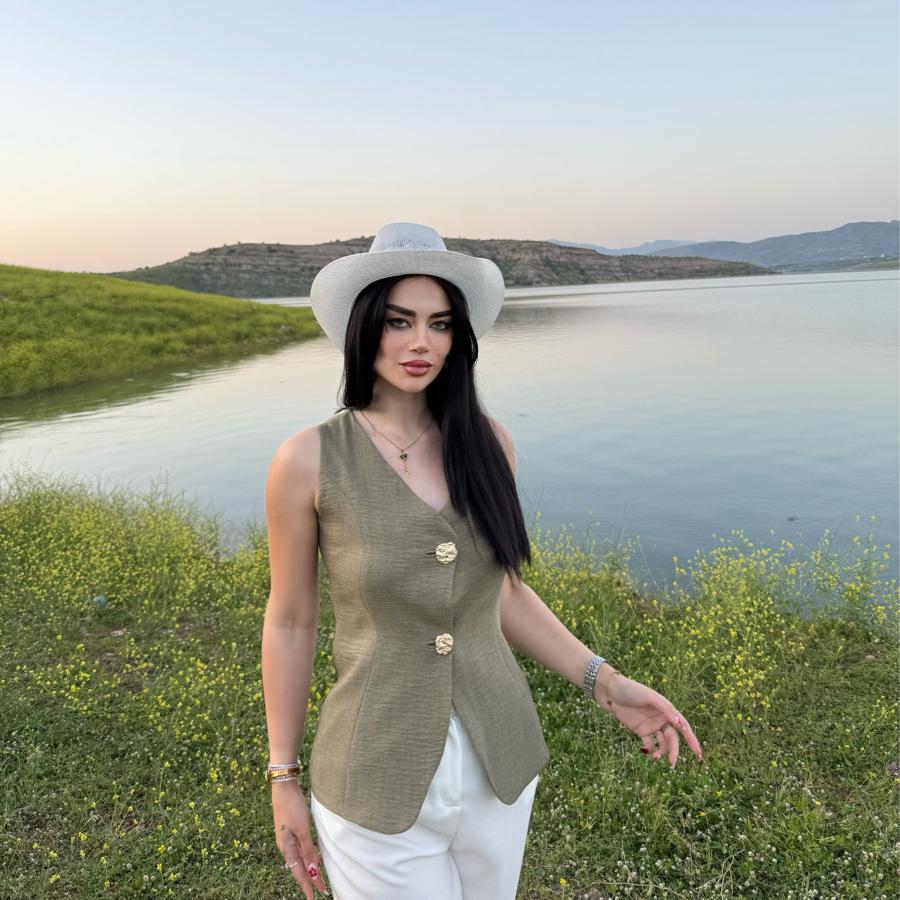 Zr Gold Düğmeli Haki Yelek