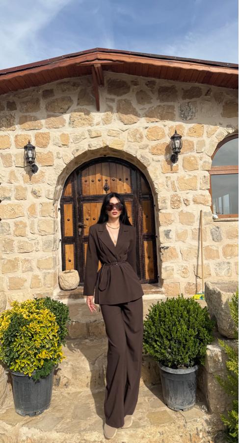 Premium Kemerli Acı Kahve Keten Takım